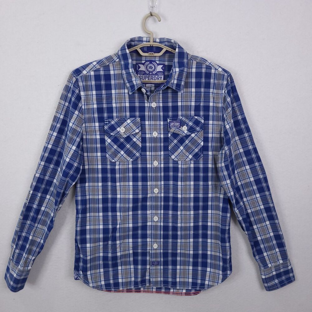 Superdry Button Up Washbasket Shirt Men Size XL Plaid Western Flap Pockets
